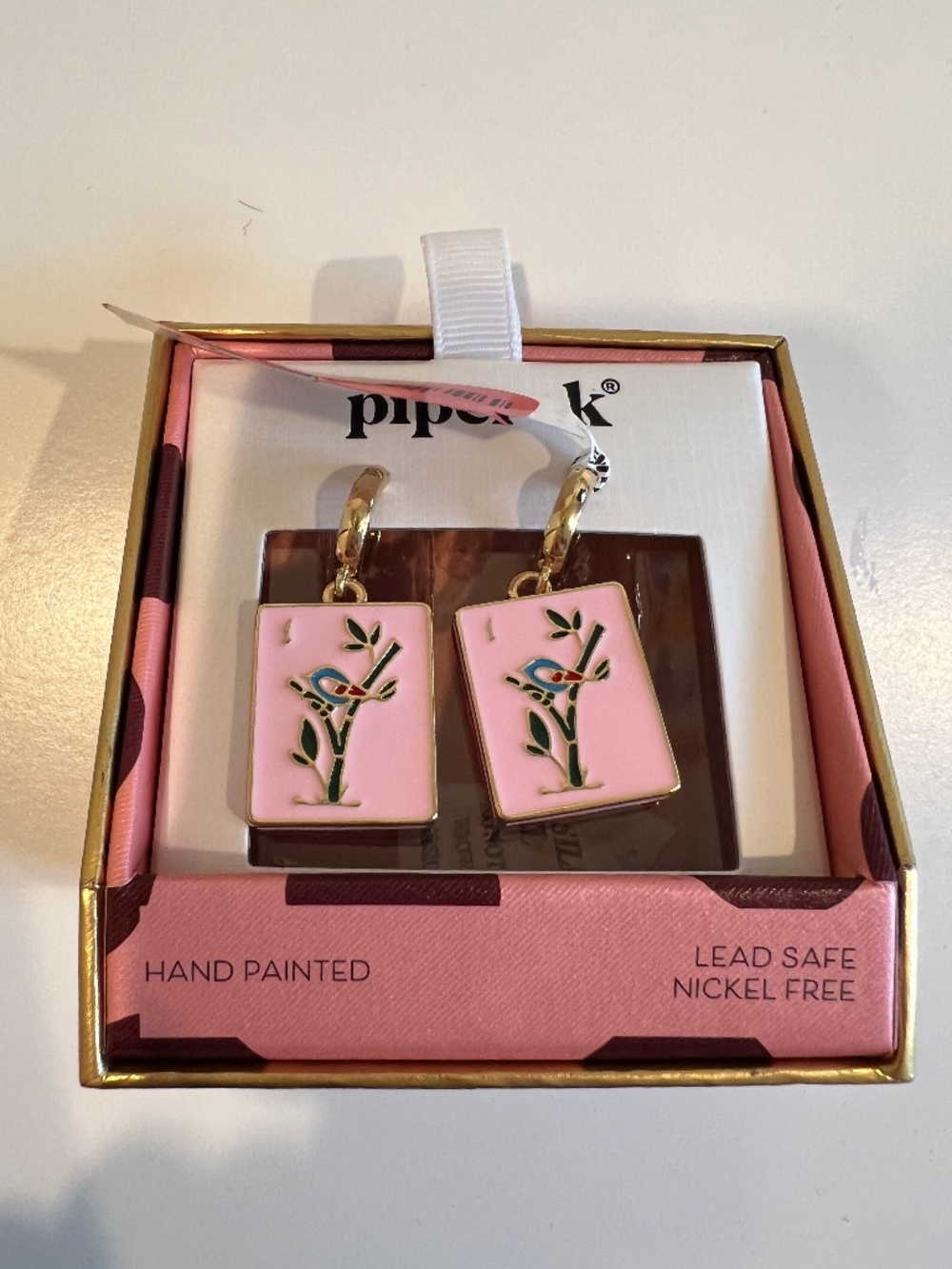 NIB Piper·K Hand-Painted Pink Mahjong Tile Huggie Drop Earrings